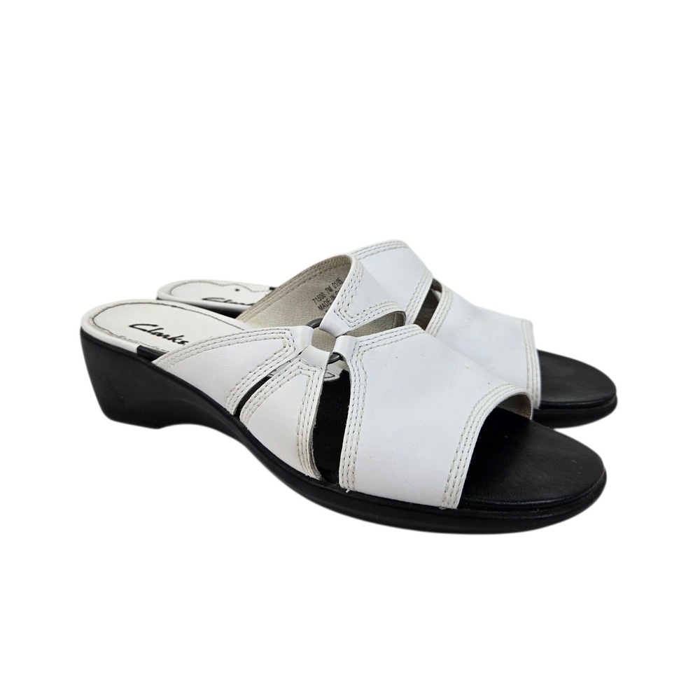 Vtg Clark's Garland Wedge Sandals White Leather w Black Soles Women's Size 7